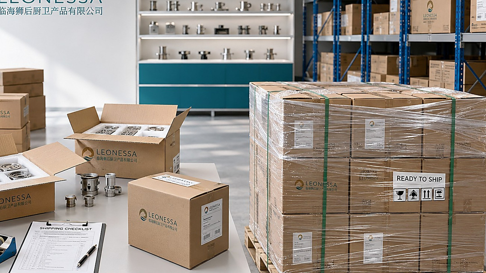 Packing area with export cartons and pallet ready to ship